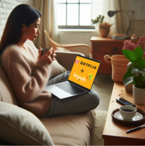 A woman sitting on a couch holding a cup of coffee, with a laptop displaying the logos of Getflix and Kiyoh, symbolizing their new partnership.